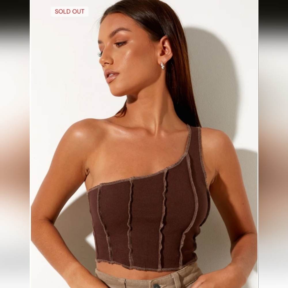 Motel Rocks Rara Crop Top In Rib Deep Mahogany With Brown Stitching Size M NWT
